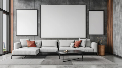 Fototapeta premium Modern living room mockup featuring sleek sectional sofa with decorative pillows, minimalist coffee table, and empty wall frames ready for artwork. space exudes contemporary and inviting atmosphere