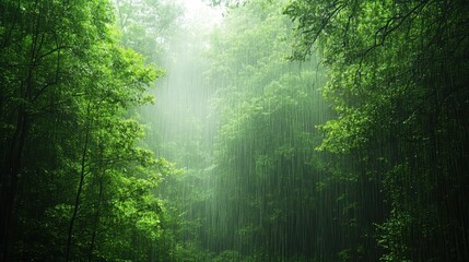Obraz premium Lush Green Forest in Heavy Rainfall Creating a Serene and Mystical Atmosphere