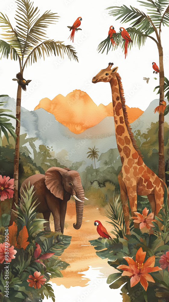 Wall mural a giraffe and elephant stand in a jungle setting with red birds.