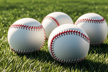  Several white baseballs with red stitching on a grassy field