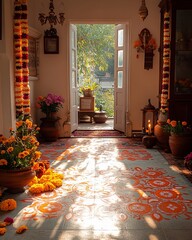 Traditional Indian Home Entrance Decorated with Colorful Art and Fragrance