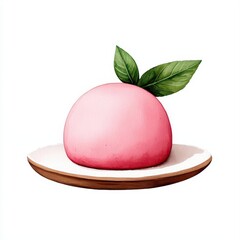 Pink dessert ball with green leaves on a plate, white isolated background.