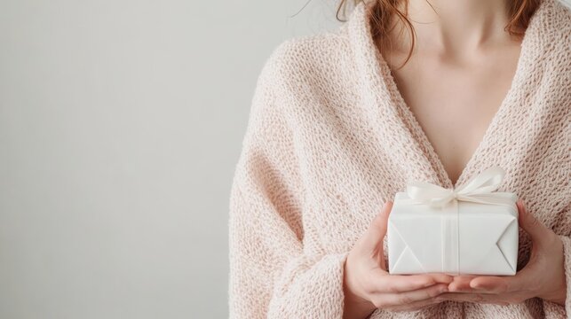 A woman wearing a pastel sweater holds a white gift box tied with a satin ribbon, creating a warm and inviting scene that emanates love and thoughtful gifting.