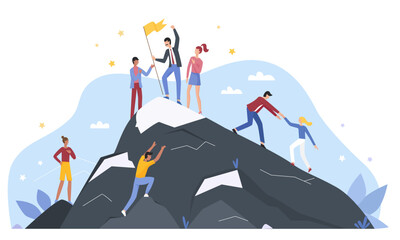 Vector illustration of a team helping each other climb a mountain peak, reaching the top with award trophy flag. Represents teamwork, achievement, and leadership in overcoming challenges.