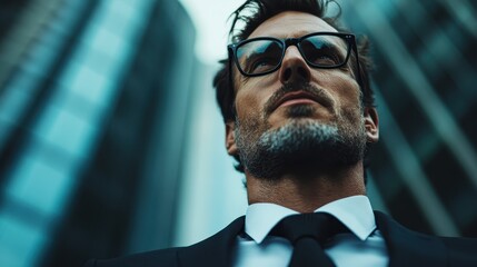An urban professional standing in a modern suit against the backdrop of a bustling metropolitan area, emphasizing confidence, success, and the corporate world.