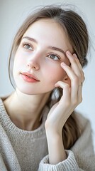 Close up of a woman gently applying cream to her face her fingers softly massaging the product into her skin with a serene expression and soft natural lighting
