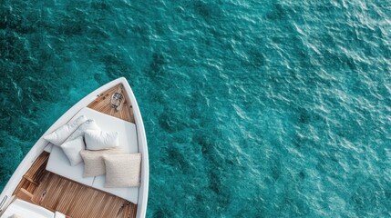 An aerial shot of a yacht's deck featuring plush white cushions against the vibrant blue sea, capturing luxury, elegance, and the serene beauty of maritime travel.