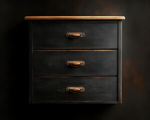 Vintage black wooden drawer unit with three compartments on a dark background.