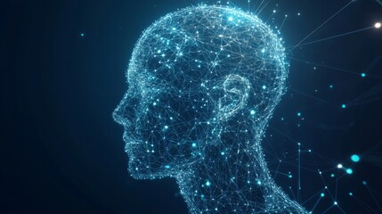 abstract digital of human head with olygonal illustration of lines and glowing dots 
