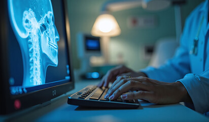 x-ray image of a human teeth on computer monitor. A doctor examining the problem AI generated.