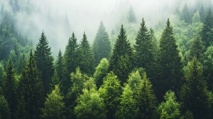Misty Forest Landscape with Dense Evergreen Trees and Lush Green Foliage in a Serene Natural Setting
