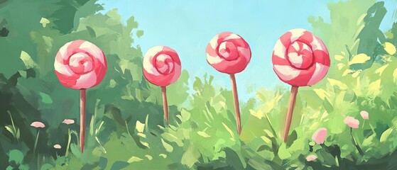 Whimsical lollipops in a lush green garden under a bright blue sky.