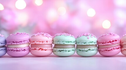 Pastel Macarons Lined Up with Soft Bokeh Lights in the Background