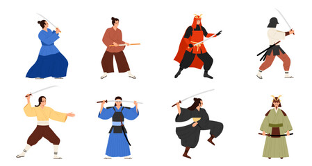 Samurai characters in different positions set. Japanese ancient male warriors with katana sword, kimono or armour, swordsman with weapon standing in combat posture cartoon vector illustration