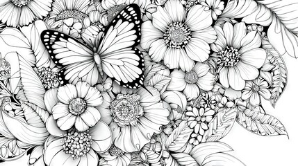  A black-and-white illustration depicts a bouquet of flowers with a butterfly perched atop one of them