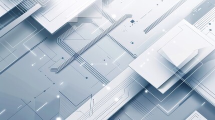 Minimalist abstract tech background with geometric shapes and circuit patterns in blue and silver