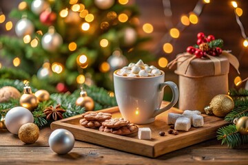 Fototapeta premium Cup of hot chocolate with marshmallow and cookies, christmas ornaments against stylish christmas tree with lights. 