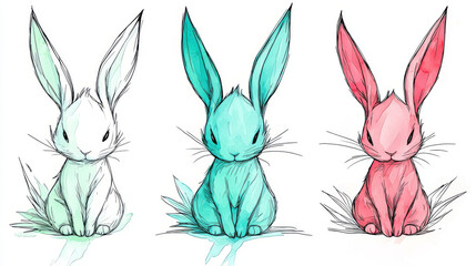 Obraz premium Three adorable watercolor bunnies in different colors.