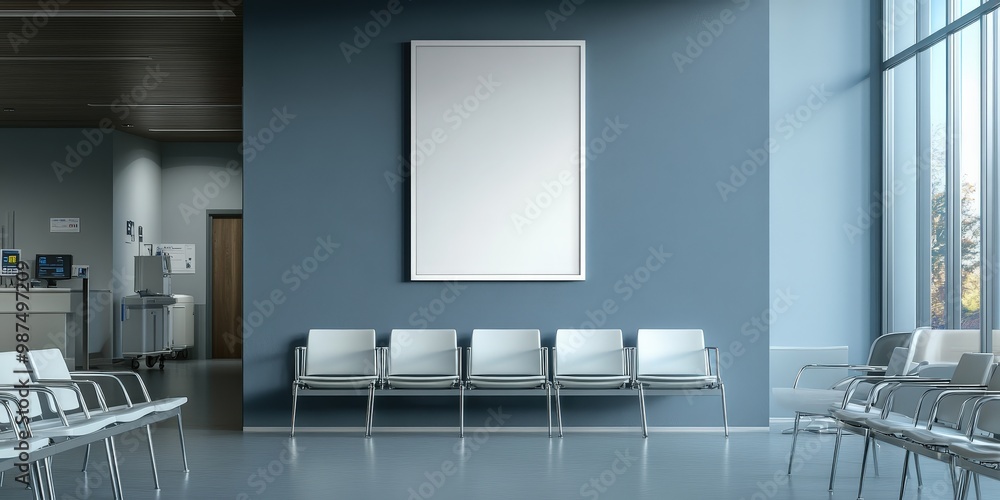 Poster empty vertical frame in modern waiting room