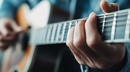 This image illustrates the hands of an individual expertly playing an acoustic guitar. The close-up view emphasizes the intricate finger placement and the dedication required.