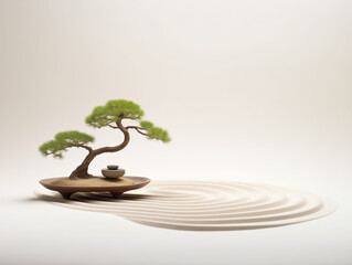 Zen Bonsai Tree on Raked Sand Garden, Minimalist Japanese Decor with Soft Sunlight