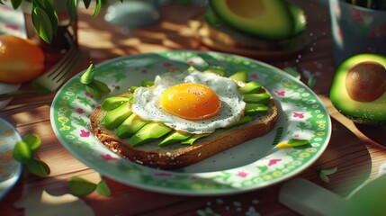 Fototapeta premium Vibrant avocado and egg toast a bright breakfast with crispy toast and sunny side up egg