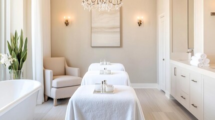 Elegant spa suite with chandeliers, plush seating, and high-quality bath products