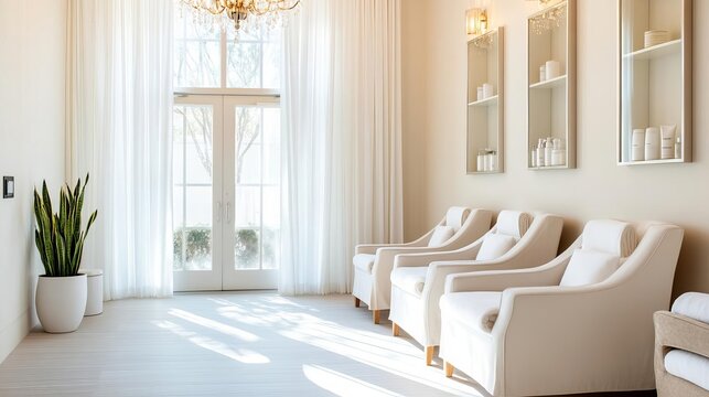 Elegant spa suite with chandeliers, plush seating, and high-quality bath products