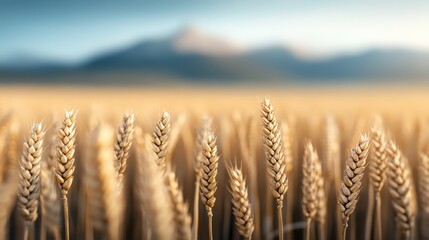 A picturesque close-up shot of golden wheat stalks in a field, with soft focus mountains in the background, highlighting the beauty and bounty of nature.