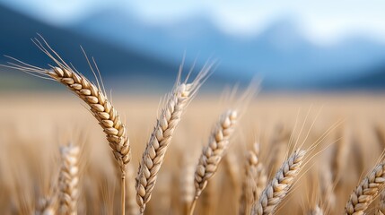 Fototapeta premium This high-definition image features golden wheat ears gently swaying in a vast field, with a backdrop of soft blue mountains, embodying the spirit of agricultural richness.