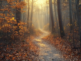 Obraz premium Sunlit Autumn Forest Path with Fallen Leaves and Soft Morning Light