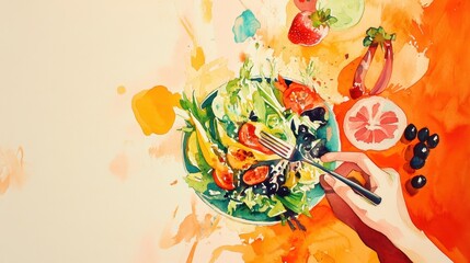 Colorful Watercolor of a Person Eating a Salad