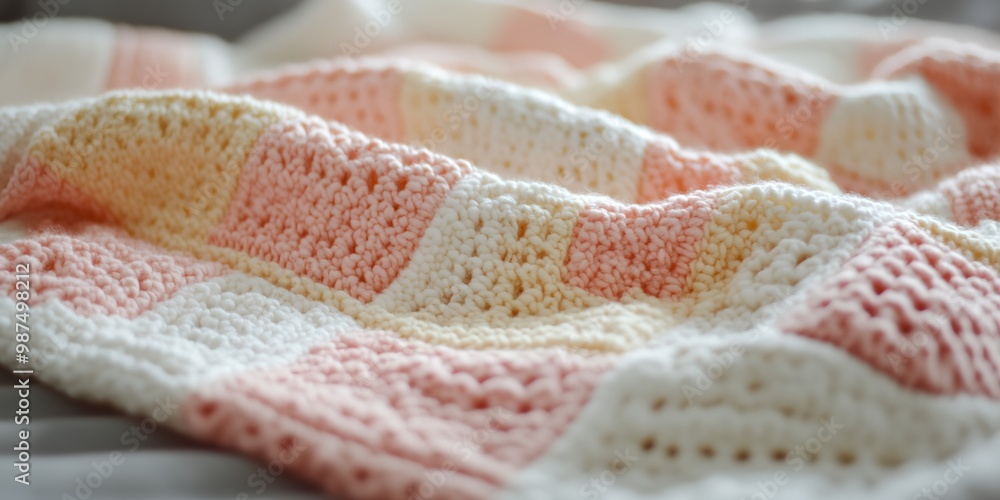 Poster a pink and white blanket with a checkered pattern. the blanket is made of yarn and has a soft textur