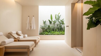 Fototapeta premium Elegant spa suite with an indoor garden, rainfall shower, and plush loungers