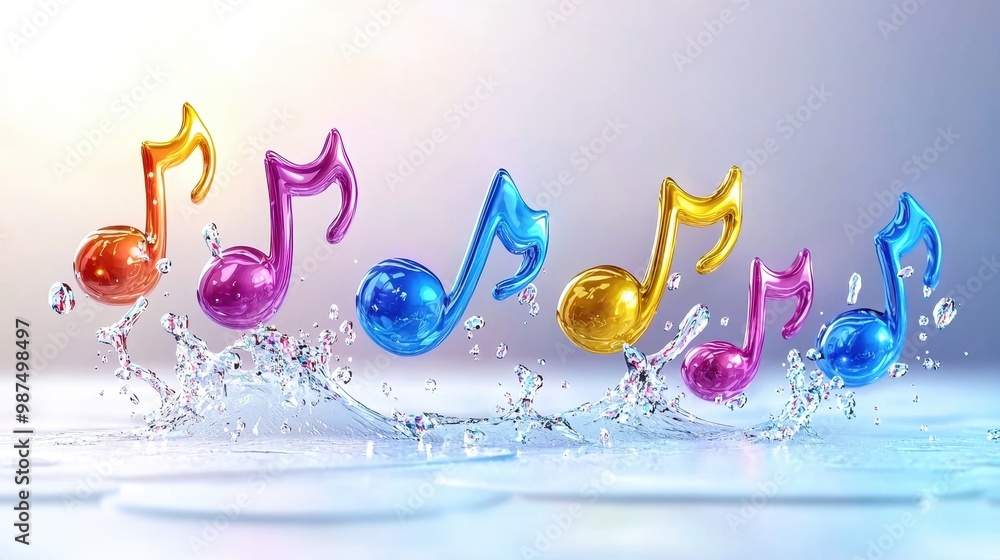 Poster colorful musical notes splashing in water, creating a vibrant visual effect.
