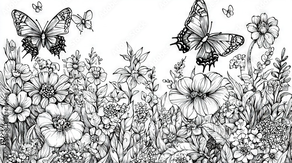 Canvas Prints a monochromatic illustration portrays a flower meadow with butterflies flitting above the blooms and