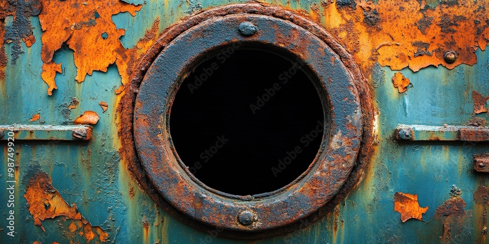 Poster rusted ship porthole with distinct red patterns