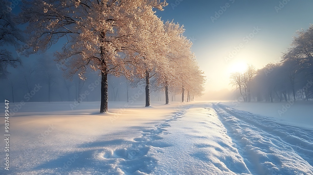 Poster a snowy path through a winter forest with frosted trees and the sun shining through the fog.