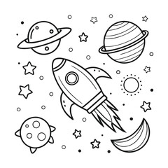 rocket around planets and stars coloring page for kids