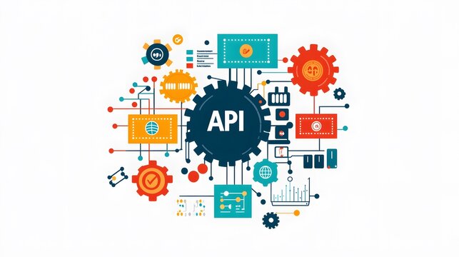 API Marketplace: A virtual marketplace with different API icons, representing a platform for discovering and using APIs . "API" ,isolate on white background 