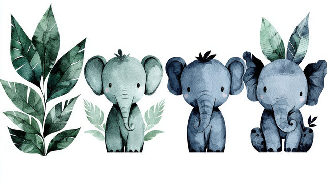 Cute watercolor elephants with leafy accents.