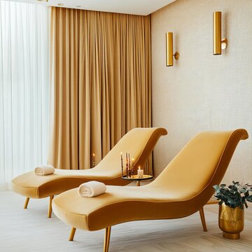 Elegant spa suite with velvet chaise lounges, gold fixtures, and calming incense