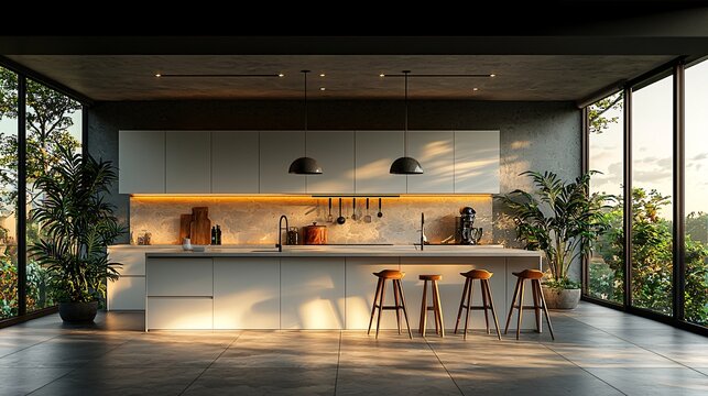 A minimalist kitchen design with all-white cabinets, a large island, and a single piece of decor for a clean, uncluttered look