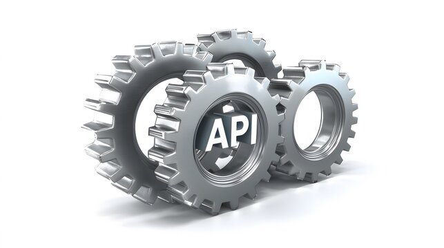 Interconnected Gears: A series of interlocking gears, representing the complex interactions and integrations of APIs. "API" ,isolate on white background 