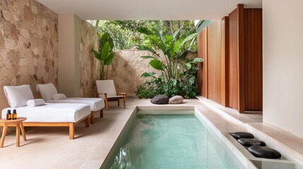 Modern spa suite with a private plunge pool, heated stones, and essential oils