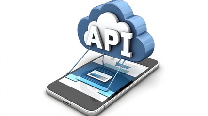 Smartphone Connecting to a Cloud: A smartphone connected to a cloud symbol, representing an API-driven application. "API" ,isolate on white background 