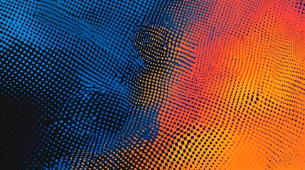 Abstract blue, orange and black polka dot pattern.