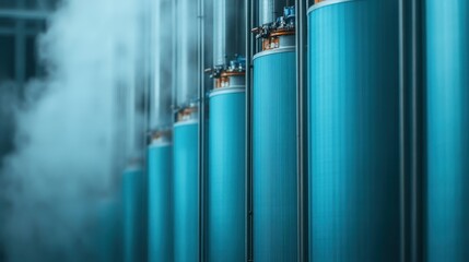 A series of industrial metal silos, emitting steam, showcasing technological advancements and providing a glimpse into the modern agricultural storage facilities.