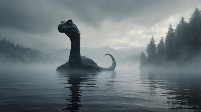 Loch Ness monster in a dark night / Nessi monster / cryptozoology character