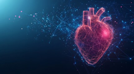 abstract digital of human heart with polygonal illustration of lines and glowing dots